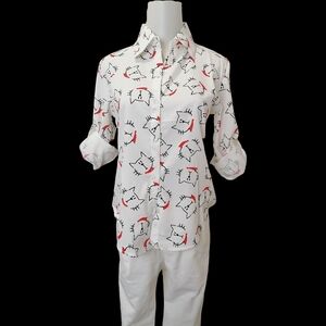 🐱🐱Women's White Cat-Print Button-Up Blouse